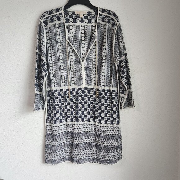Michael Kors Women Size M Navy and White Tunic Mosaic Dress V-Neck with Chain - Picture 1 of 6